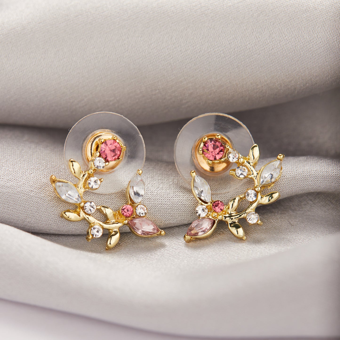 2022 Korean Style Leaf Earrings with Zircon Inlay