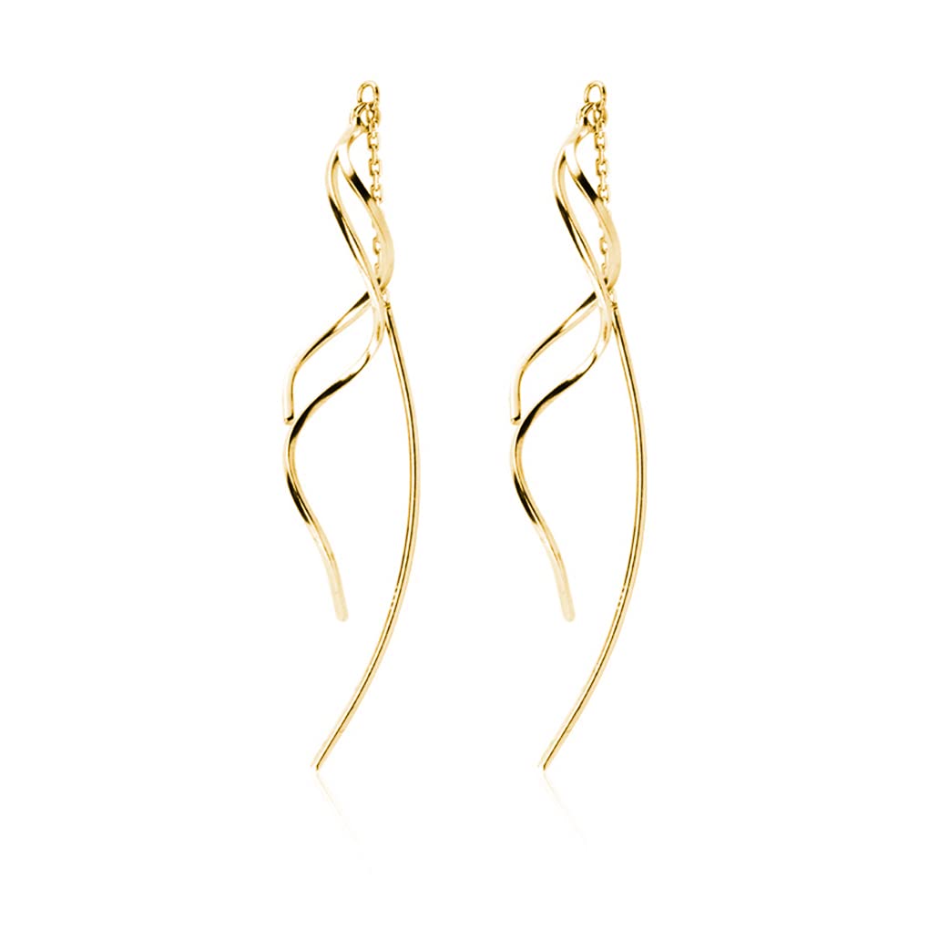 SLUYNZ Sterling Silver Curve Dangle Earrings for Women Teens Wave Dangle Earrings Threader Tassel (B-Gold)