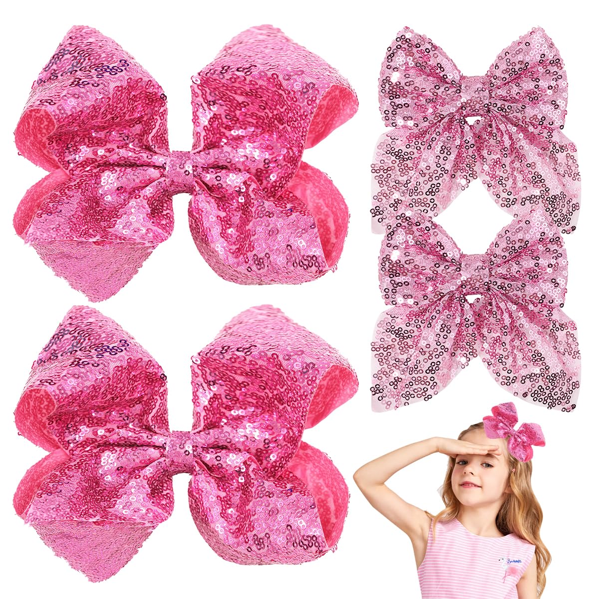 Aaiffey Glitter Pink Sequin Hair Bow Clips 4-Pack