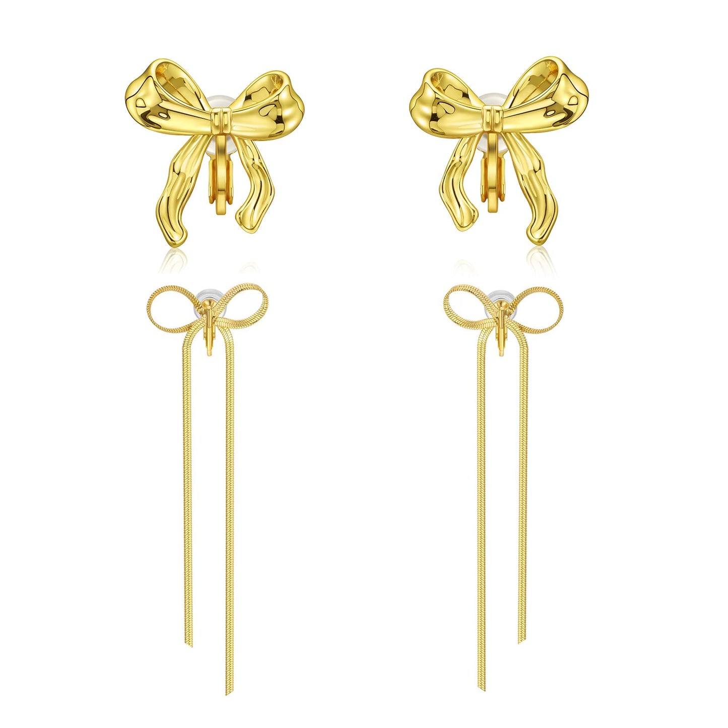 2 Pairs of Bow Clip on Earrings 14K Gold Plated Trendy Non Pierced Ribbon Bow Earrings
