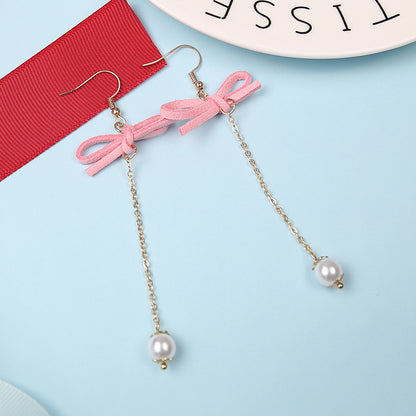 925 Silver Bow Earrings with Pearl Heart and Tassels