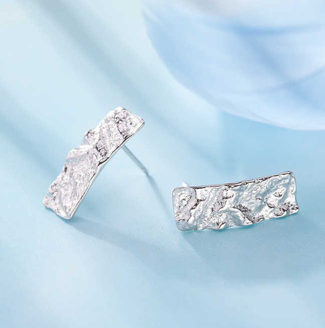 Korean Style 925 Silver Stud Earrings with Hammered Finish