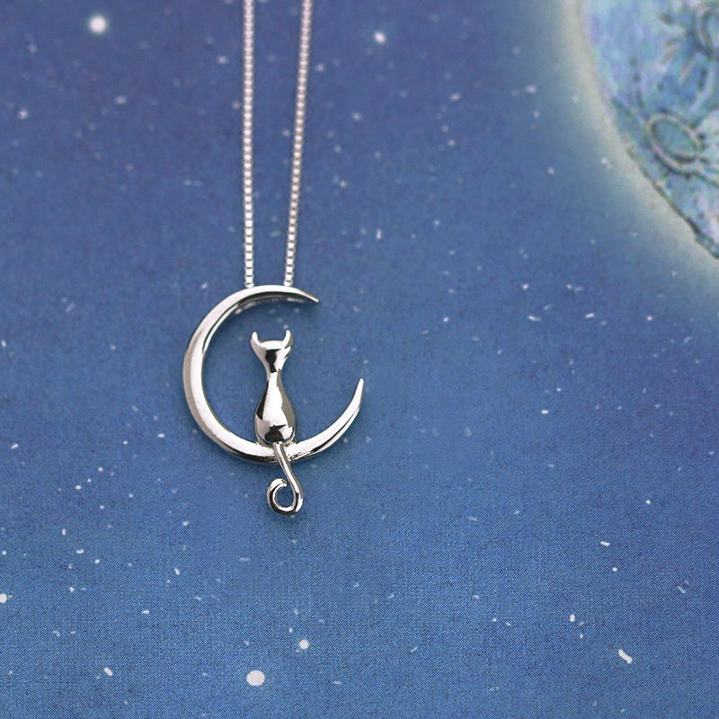 925 Sterling Silver Cute Moon Cat Necklace for Women