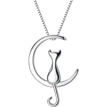 925 Sterling Silver Cute Moon Cat Necklace for Women