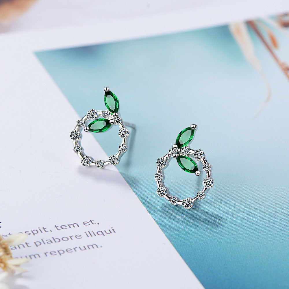 Green Leaf Earrings with Diamond Accents (Korean Style)