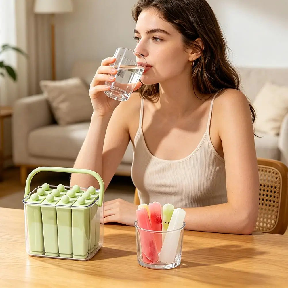 10/6 Cavity Long Silicone Ice Cube Mold with Storage Box, Food Grade Ice Pop Maker with Handle, Reusable Ice Tray for Freezer