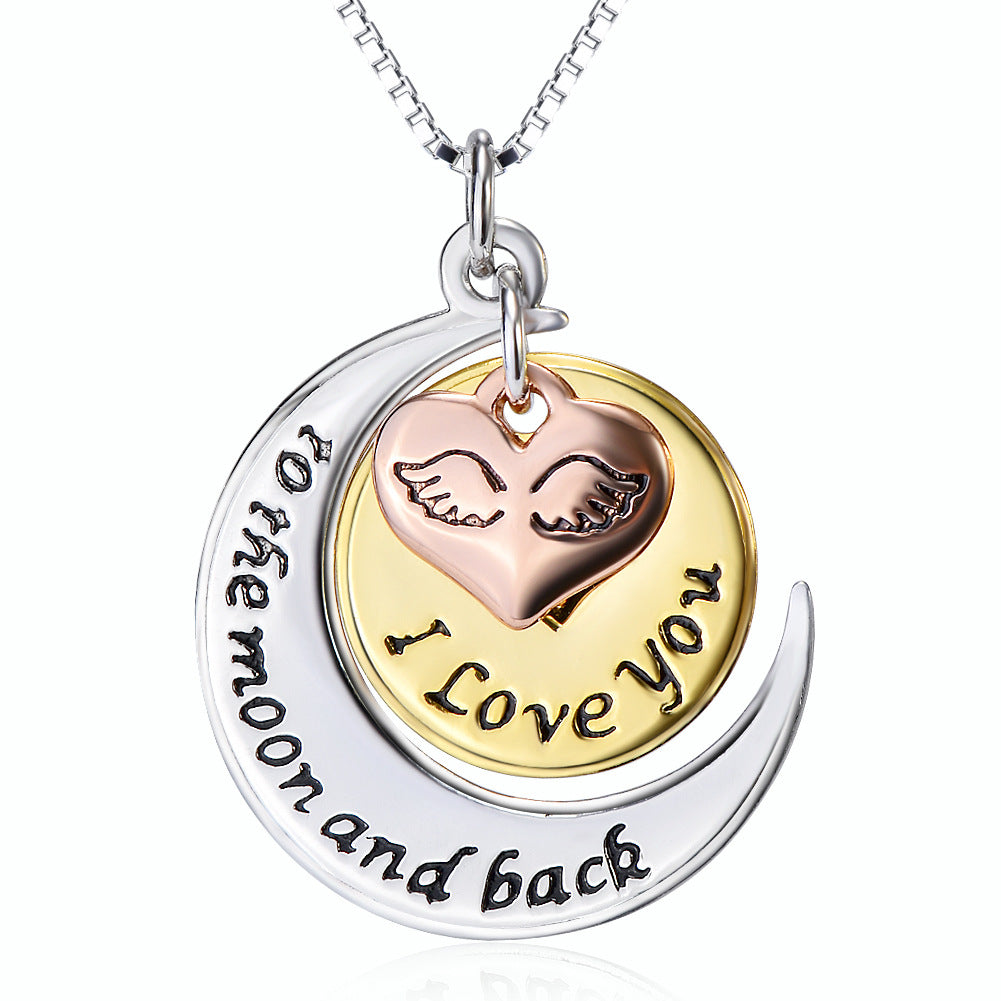 S925 Silver Necklace with Heart Moon Pendant and Engraving