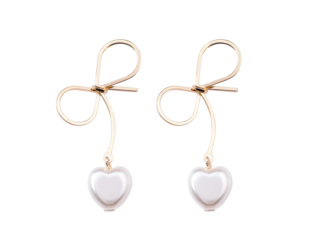 Heart Earrings with Pearl Studs and Snowflake Bow
