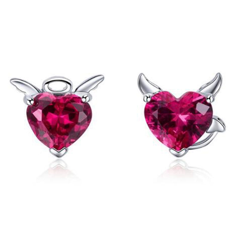 S925 Silver Heart Earrings with Angel and Devil Design