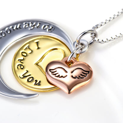 S925 Silver Necklace with Heart Moon Pendant and Engraving