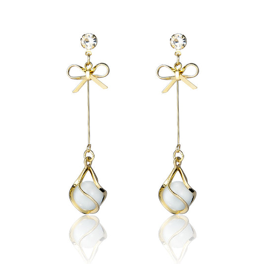 925 Silver Bow Earrings with Pearl Heart and Tassels