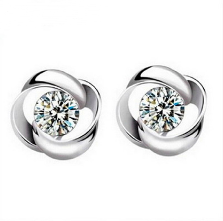 Clover Rose Stud Earrings, 925 Silver with Zirconia