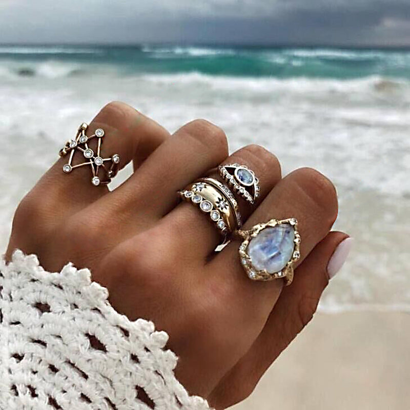 Gold Devil Eye Star Drop Ring Set for Women (4 Pieces)