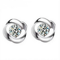 Clover Rose Stud Earrings, 925 Silver with Zirconia