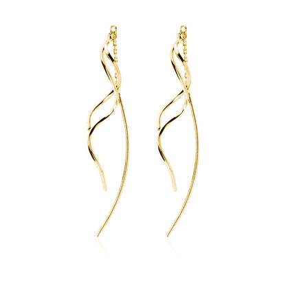 SLUYNZ Sterling Silver Curve Dangle Earrings for Women Teens Wave Dangle Earrings Threader Tassel (B-Gold)