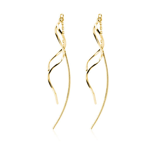 SLUYNZ Sterling Silver Curve Dangle Earrings for Women Teens Wave Dangle Earrings Threader Tassel (B-Gold)