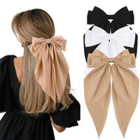 RSWETE 3Pcs Big Bow Hair Clips Silky Satin Hair Bow Barrettes Long Tail Hair Ribbon Accessories Elegant Hair Bows for Women Girls (White & Black & Kaqi)