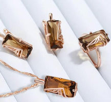 Amber Stone Ring Set with 18K Rose Gold Plating