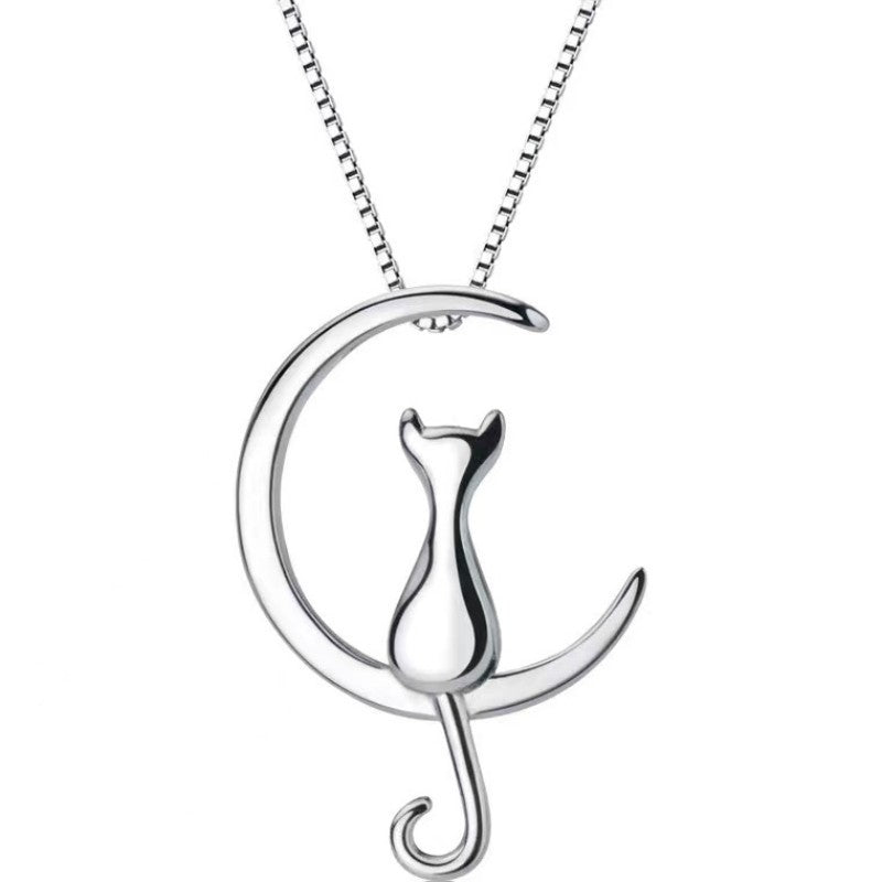 925 Sterling Silver Cute Moon Cat Necklace for Women