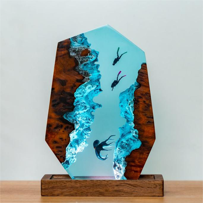 3D Diver & Octopus Resin Night Lamp – Handmade Ocean LED Light