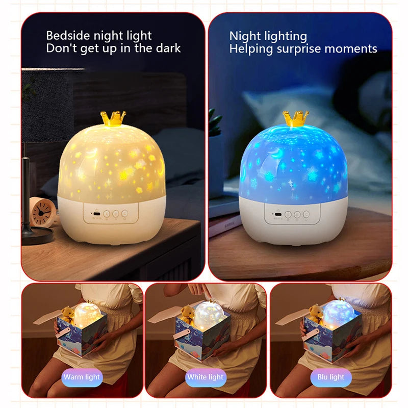 Star Projector with Music Rotatable Crown Night Light 15/21 Projection Theme Atmosphere Light 3 Light Modes for Kids Room ﻿