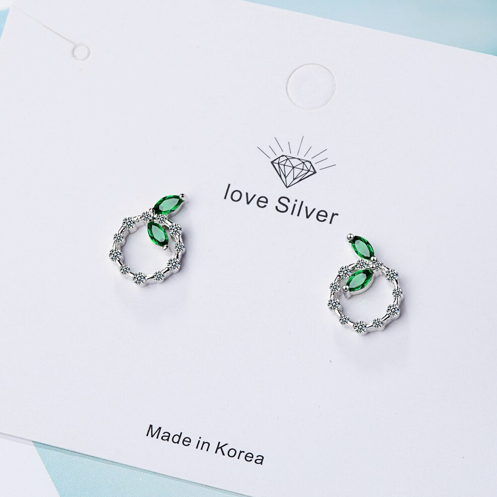 Green Leaf Earrings with Diamond Accents (Korean Style)