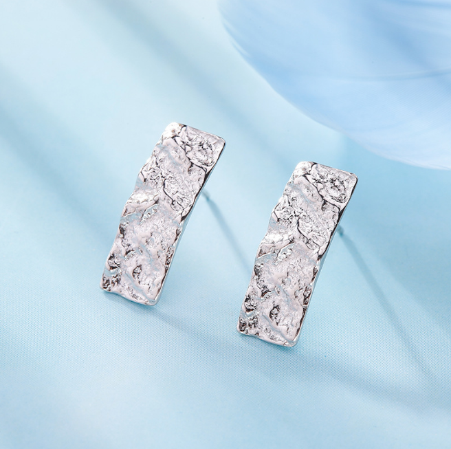 Korean Style 925 Silver Stud Earrings with Hammered Finish