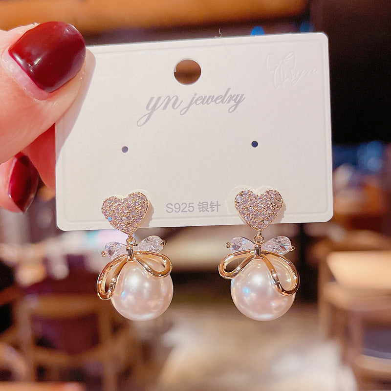 Heart Pearl 925 Silver Needle Earrings with Tassels