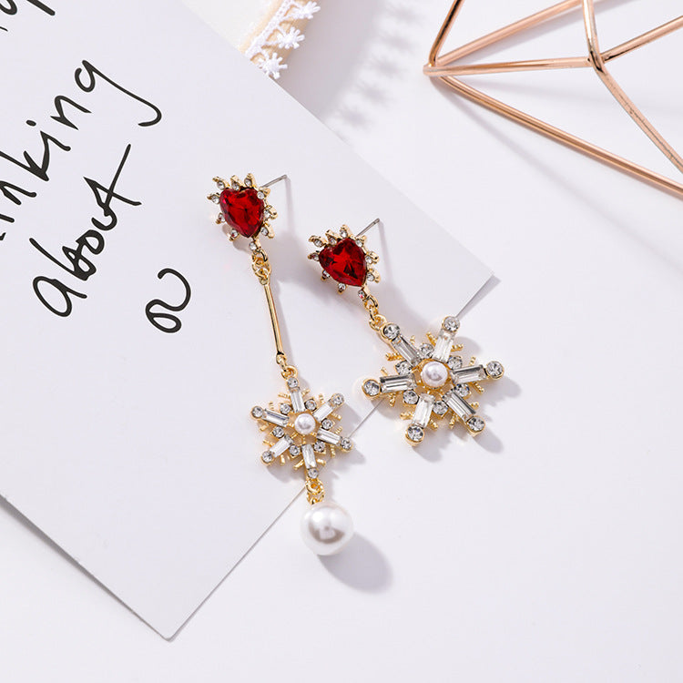Korean-Japanese Fashion Heart Snowflake Pearl Earrings