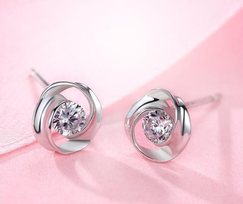 Clover Rose Stud Earrings, 925 Silver with Zirconia