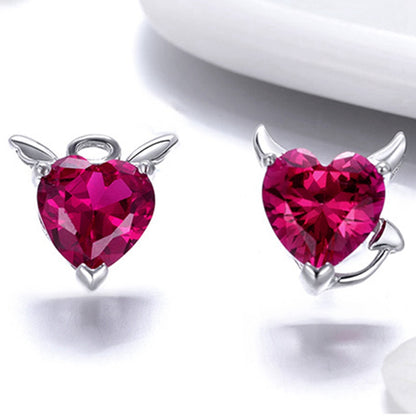 S925 Silver Heart Earrings with Angel and Devil Design