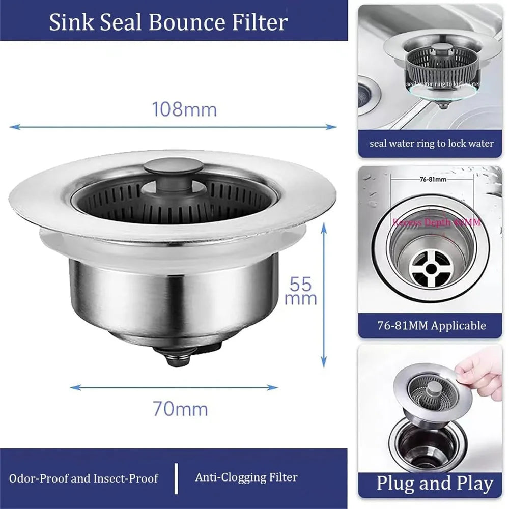 Easy To Clean 3 in 1 Filter Sink Bouncing Core Leak-proof Plug Sink Strainer Kitchen Tool Stopping Blockage Drain Basket