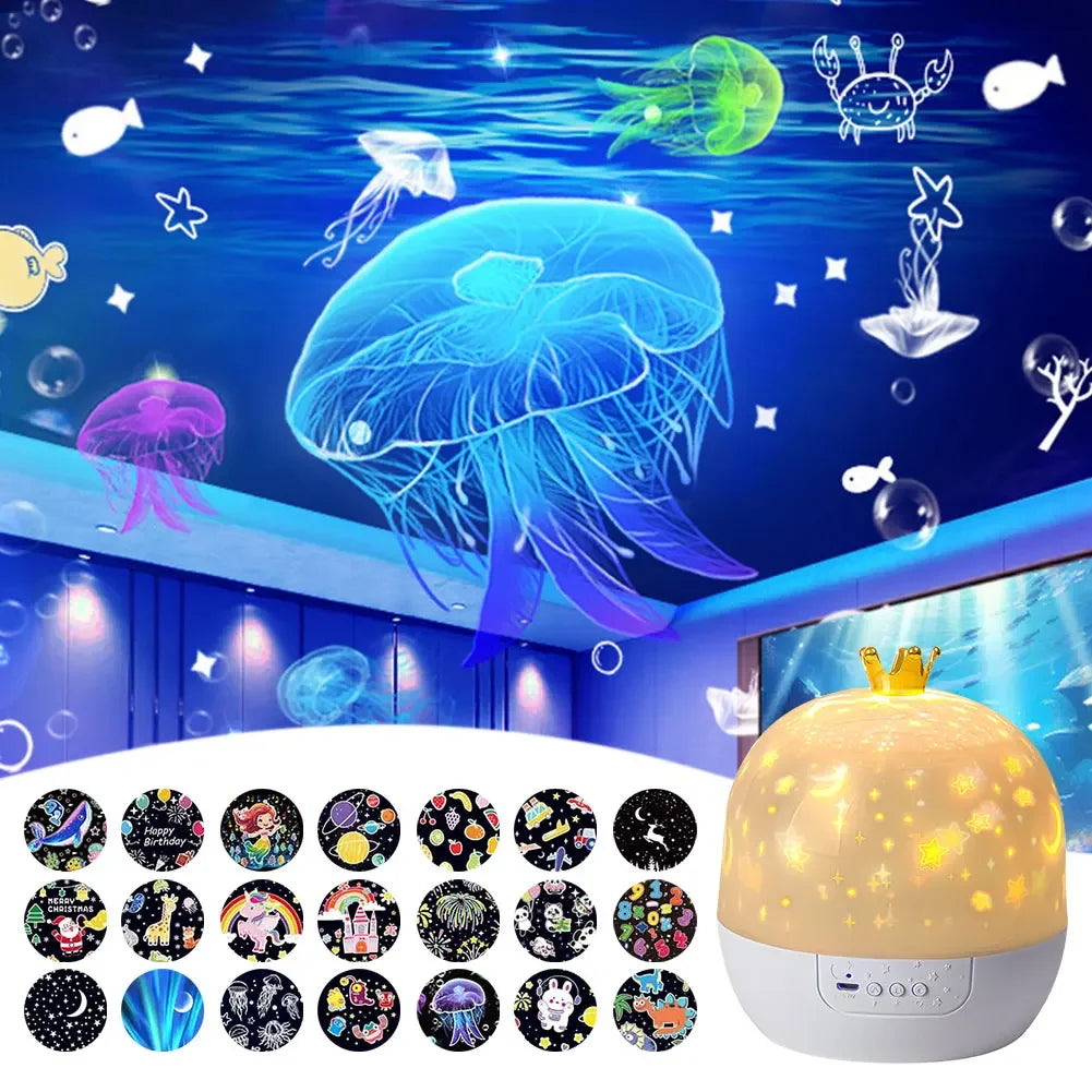 Star Projector with Music Rotatable Crown Night Light 15/21 Projection Theme Atmosphere Light 3 Light Modes for Kids Room ﻿