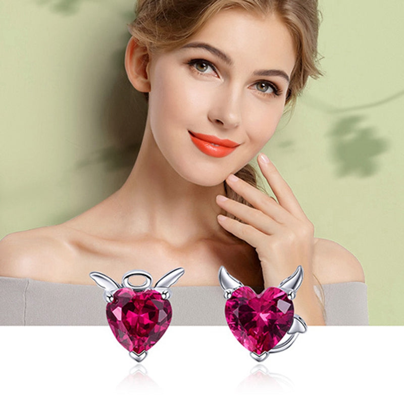S925 Silver Heart Earrings with Angel and Devil Design