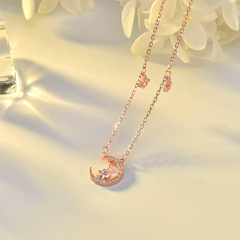S925 Silver Star and Moon Necklace for Women