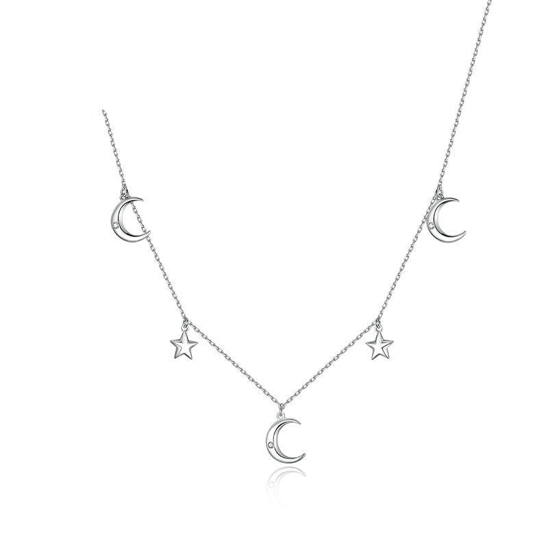 S925 Silver Star and Moon Zircon Necklace - Minimalist Design