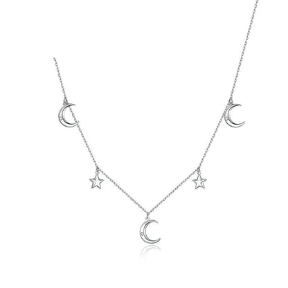 S925 Silver Star and Moon Zircon Necklace - Minimalist Design