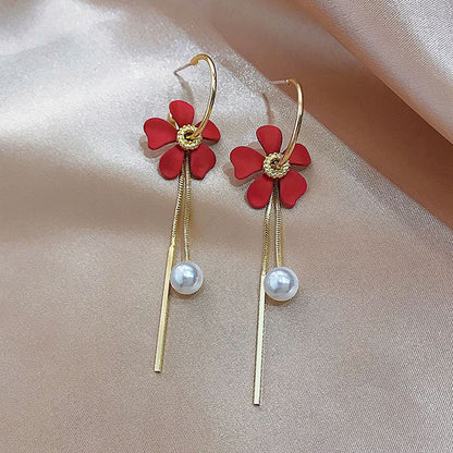 Heart Pearl 925 Silver Needle Earrings with Tassels