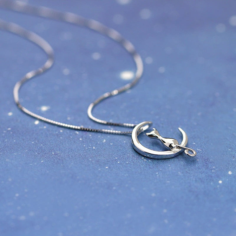 925 Sterling Silver Cute Moon Cat Necklace for Women