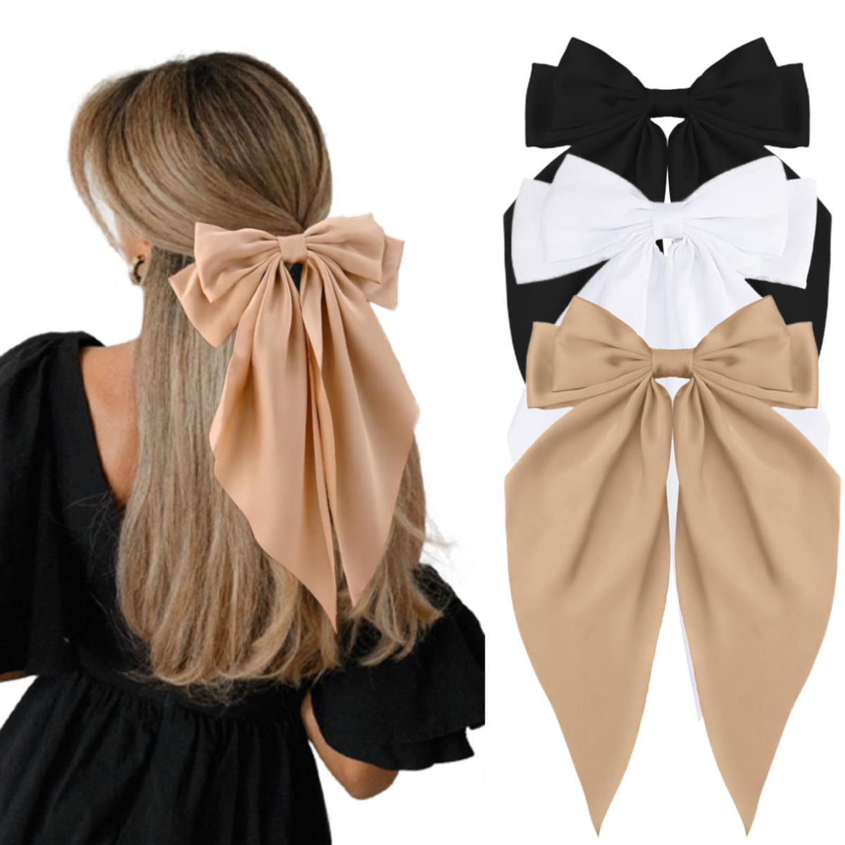 RSWETE 3Pcs Big Bow Hair Clips Silky Satin Hair Bow Barrettes Long Tail Hair Ribbon Accessories Elegant Hair Bows for Women Girls (White & Black & Kaqi)
