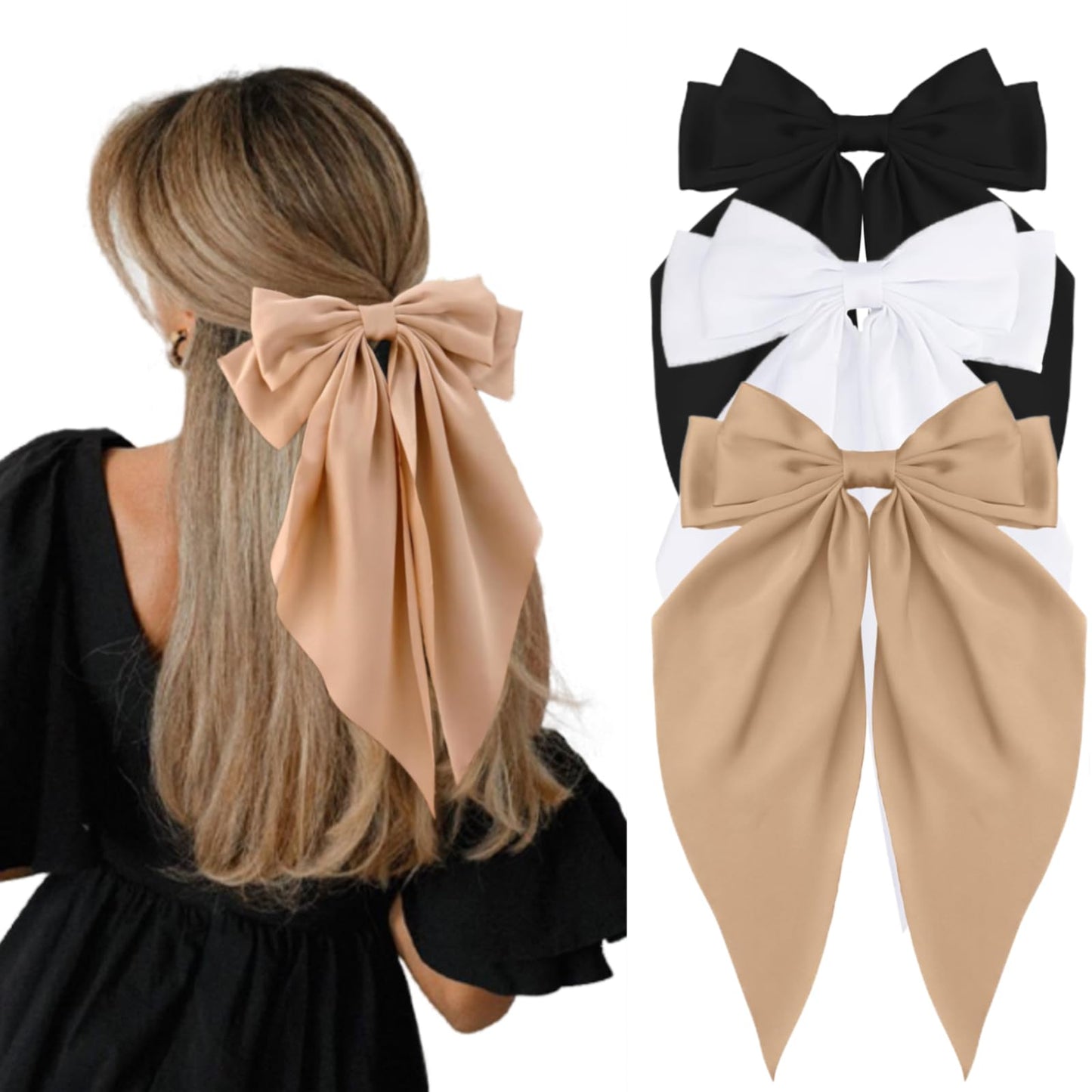 RSWETE 3Pcs Big Bow Hair Clips Silky Satin Hair Bow Barrettes Long Tail Hair Ribbon Accessories Elegant Hair Bows for Women Girls (White & Black & Kaqi)