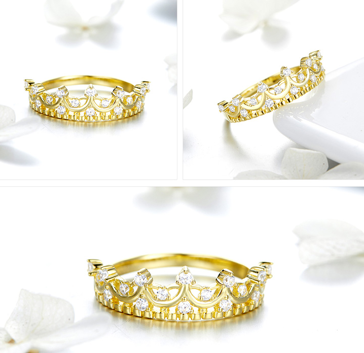 S925 Silver Crown Ring with Gold Plating for Women
