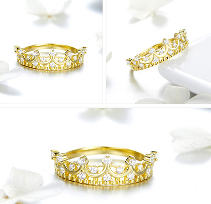S925 Silver Crown Ring with Gold Plating for Women