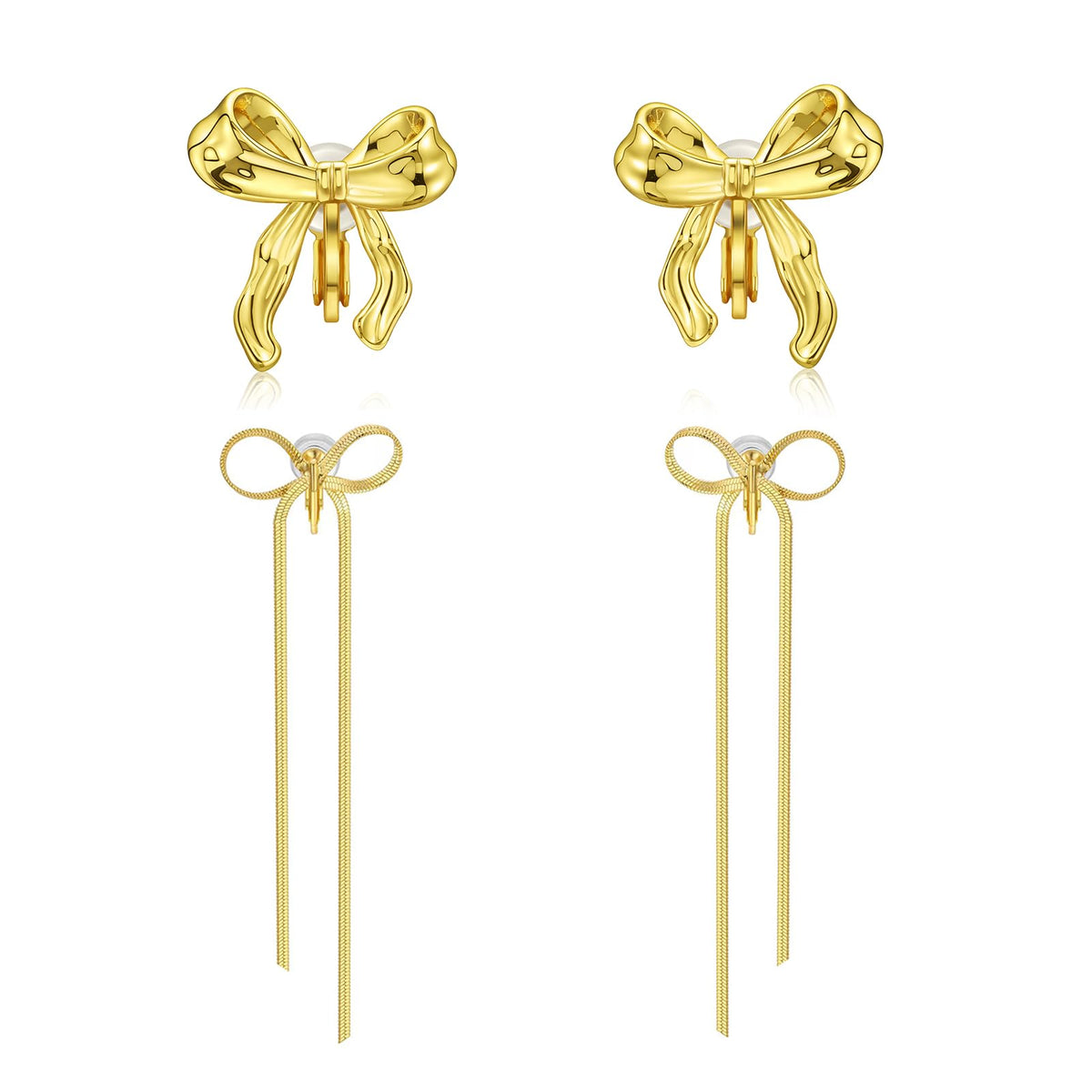 2 Pairs of Bow Clip on Earrings 14K Gold Plated Trendy Non Pierced Ribbon Bow Earrings