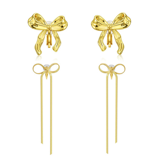 2 Pairs of Bow Clip on Earrings 14K Gold Plated Trendy Non Pierced Ribbon Bow Earrings