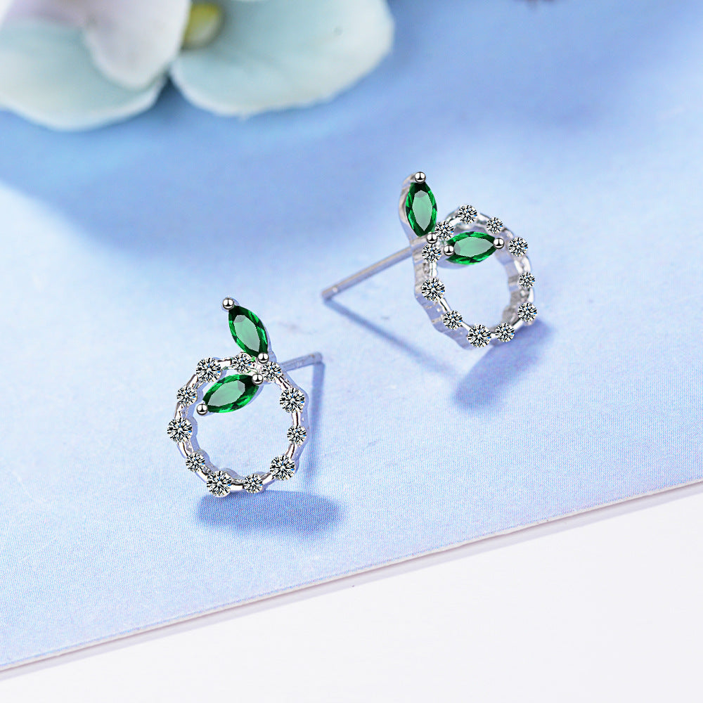 Green Leaf Earrings with Diamond Accents (Korean Style)