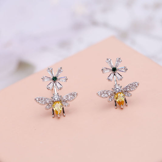 925 Silver Bee and Daisy Stud Earrings for Women