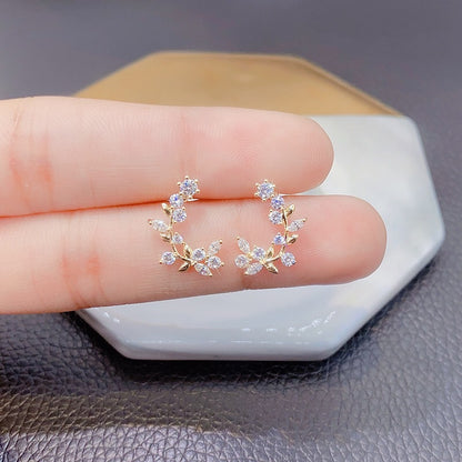 2022 Korean Style Leaf Earrings with Zircon Inlay