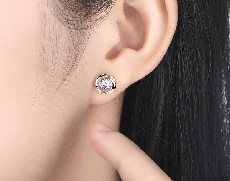 Clover Rose Stud Earrings, 925 Silver with Zirconia