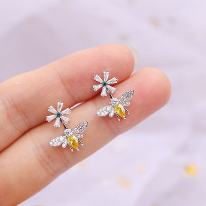 925 Silver Bee and Daisy Stud Earrings for Women